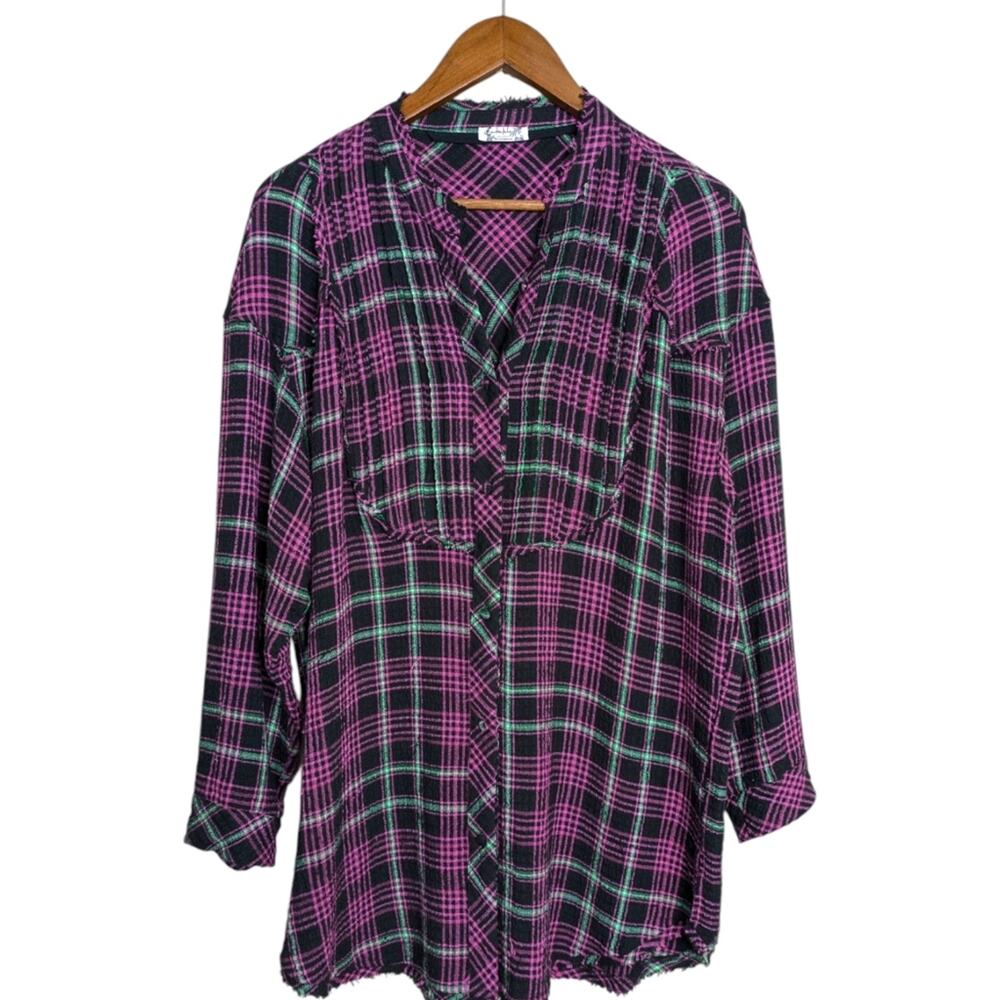 Free People Plaid About You Sleep Flannel Top XS Oversized Button Pink Black